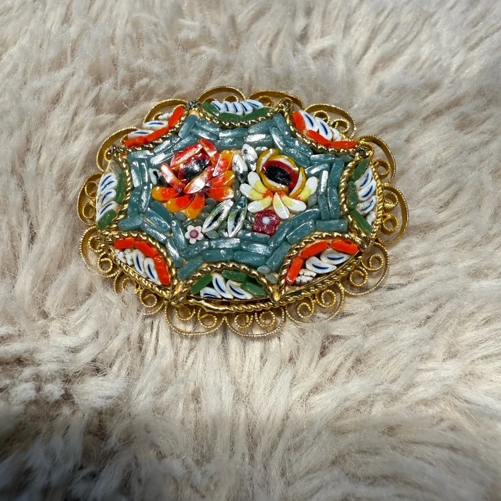 Vintage Gold Micromosaic‎ Micro Mosaic Flower Design Brooch Pin